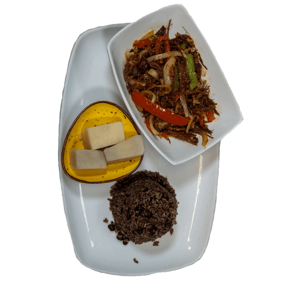 Vaca frita with rice and plantains